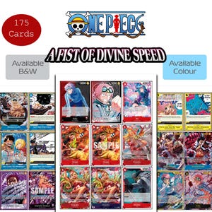 Puede incluir: Una colección de 175 cartas coleccionables de One Piece titulada A Fist of Divine Speed, disponible en blanco y negro o a color. Las cartas muestran varios personajes de anime, incluyendo a Monkey D. Luffy, Koby, Usopp y Charlotte Katakuri, con texto.