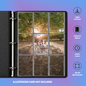 Peut inclure: Un classeur noir à trois anneaux avec des pochettes en plastique transparent affichant une carte à collectionner Mr. Mime au centre d'un paysage forestier. À droite, des icônes indiquent Digital Download, Perfect for Binders, Instant Access.
