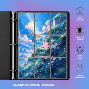 Peut inclure: Un classeur noir à trois anneaux avec neuf pochettes en plastique transparent contenant des illustrations de paysages et une carte à collectionner Clefairy au centre. Des icônes indiquent Digital Download, Perfect For Binders, Instant Access et 300 DPI.