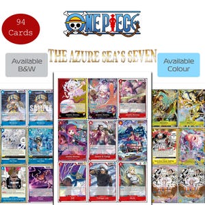 Może przedstawiać: Kolekcja 94 kart kolekcjonerskich One Piece zatytułowana The Azure Sea's Seven, wyświetlana w formacie siatki. Karty przedstawiają różne postacie z anime w żywych kolorach, niektóre oznaczone jako próbki. Dostępne w wersji czarno-białej lub kolorowej.