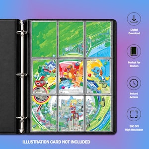 May include: A black three-ring binder with clear plastic sleeves containing nine trading card inserts. The cards feature colourful illustrations of Bulbasaur, Charmander, and Squirtle. Text on the right includes Digital Download, Perfect For Binders, Instant Access, 300 DPI High Resolution, and Illustration Card Not Included.