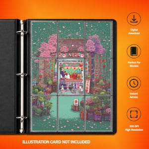 May include: A black three-ring binder containing a nine-pocket page filled with a continuous illustration of a Japanese-style street scene with pink cherry blossoms, green foliage, and a central trading card featuring a character and text.