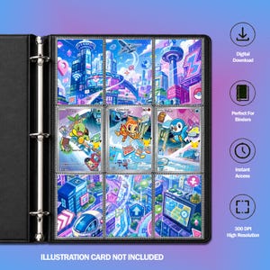 Peut inclure: Un classeur noir à trois anneaux contenant neuf pochettes en plastique transparent, chacune contenant une carte à collectionner colorée représentant des personnages animés et des paysages urbains futuristes. Le côté droit affiche quatre icônes circulaires avec du texte : Digital Download, Perfect For Binders, Instant Access et 300 DPI High Resolution.