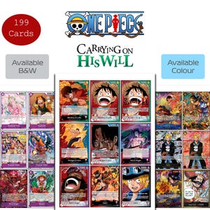 Puede incluir: Una colección de 199 cartas coleccionables de One Piece titulada Carrying on His Will, mostradas en hojas. Las cartas presentan ilustraciones coloridas de personajes como Monkey D. Luffy, Portgas D. Ace y Gol D. Roger, con texto visible.