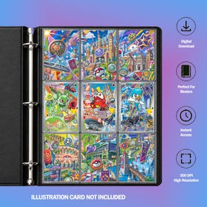 May include: A black three-ring binder containing nine colourful trading card inserts. Each insert features detailed illustrations of animated characters, buildings, and various circular emblems against vibrant, multi-coloured backgrounds.