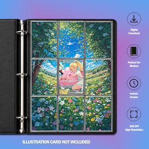 Peut inclure: Un classeur noir à trois anneaux contenant neuf pochettes en plastique transparent. Les pochettes présentent une illustration paysagère continue d'une prairie fleurie sous un ciel bleu, avec une carte centrale montrant un personnage.