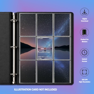 Peut inclure: Une page de classeur noir à trois anneaux avec neuf pochettes en plastique transparent. Les pochettes contiennent un fond de ciel nocturne étoilé, avec une carte à collectionner centrale illustrant un paysage. Le texte à droite indique Digital Download, Perfect For Binders, Instant Access et 300 DPI High Resolution. Carte d'illustration non incluse.