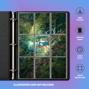 Può includere: Un raccoglitore nero a tre anelli con nove tasche in plastica trasparente. Otto tasche mostrano un'illustrazione di una foresta continua, mentre quella centrale contiene una carta collezionabile Snorlax. Il testo a destra recita Digital Download, Perfect For Binders, Instant Access, 300 DPI High Resolution e Illustration Card Not Included.
