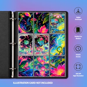 May include: A black three-ring binder containing nine trading card sleeves. The sleeves display vibrant, colourful illustrations of floral and plant-themed creatures, including a Venusaur card. The right side features text icons for digital download, binder compatibility, instant access, and 300 DPI resolution.