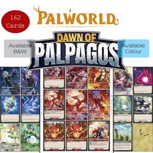 Puede incluir: Una colección de 162 cartas coleccionables de Palworld titulada Dawn of Palpagos, que presenta varias ilustraciones de personajes, estadísticas de juego y texto. La muestra exhibe múltiples diseños de cartas en tonos azules, rojos y verdes.