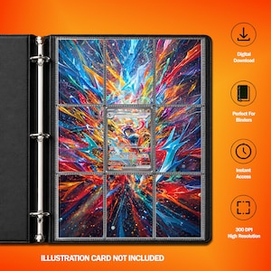 May include: A black three-ring binder containing nine clear plastic pockets. Eight pockets display a vibrant, abstract, multi-colored explosion of red, blue, and yellow streaks on a dark background, while the center pocket holds a trading card.