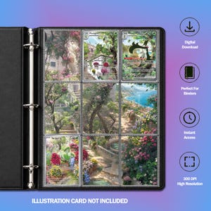 Peut inclure: Un classeur noir à trois anneaux contenant neuf pochettes pour cartes à collectionner. Les pochettes présentent une illustration paysagère continue avec des escaliers en pierre, des jardins fleuris et une vue côtière. Texte : Digital Download, Perfect For Binders, Instant Access, 300 DPI High Resolution, ILLUSTRATION CARD NOT INCLUDED.