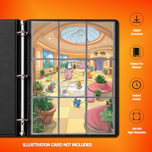 May include: A black three-ring binder with clear plastic pockets containing a printed illustration of a Pokémon centre interior. The scene features various creatures like Chansey, Snorlax, and Squirtle among potted plants. Text includes Digital Download, Perfect For Binders, Instant Access, and 300 DPI High Resolution.