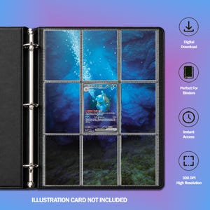 Könnte beinhalten: Ein schwarzer Ringbuchordner mit drei Ringen und durchsichtigen Kunststofftaschen, die ein blaues Unterwasser-Hintergrundbild enthalten. Eine Tasche zeigt eine Blastoise ex Sammelkarte. Der Text rechts umfasst Digital Download, Perfect For Binders, Instant Access, 300 DPI High Resolution und Illustration Card Not Included.