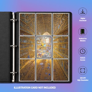 May include: A black three-ring binder containing nine clear plastic trading card sleeves. The sleeves display a continuous, detailed illustration of a library interior with wooden shelves and a central Alakazam trading card in the middle slot.