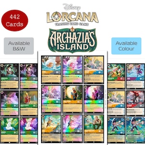 Może przedstawiać: Kolekcja kart kolekcjonerskich Disney Lorcana z Archazia's Island, zawierająca 442 karty dostępne w wersji czarno-białej lub kolorowej. Prezentacja pokazuje wiele kart postaci z różnymi ilustracjami, tekstem i statystykami gry w siatce.