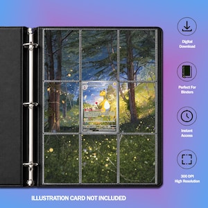 Peut inclure: Un classeur noir à trois anneaux avec des pochettes en plastique transparent contenant une carte à collectionner Ampharos. Le classeur comporte neuf emplacements, avec la carte au centre. Le texte à droite indique Digital Download, Perfect For Binders, Instant Access, 300 DPI High Resolution et ILLUSTRATION CARD NOT INCLUDED.
