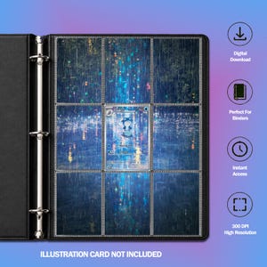 Peut inclure: Un classeur noir à trois anneaux avec neuf pochettes en plastique transparent contenant une carte à collectionner avec un personnage bleu. À droite, des icônes indiquent Digital Download, Perfect For Binders, Instant Access et 300 DPI.