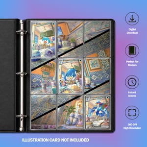 May include: A black three-ring binder containing nine clear plastic pockets, with three Pokémon trading cards featuring Quaxly, Quaxwell, and Quaquaval displayed inside. The right side features icons for digital download, binders, instant access, and 300 DPI.