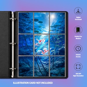 May include: A black three-ring binder containing a nine-pocket trading card page with an underwater scene featuring lily pads and a single goldfish card in the centre. Text on the right includes Digital Download, Perfect For Binders, Instant Access, 300 DPI High Resolution, and ILLUSTRATION CARD NOT INCLUDED.