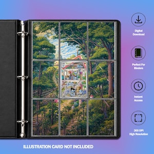 May include: A black three-ring binder page with nine clear plastic pockets containing a continuous forest landscape illustration. A Machoke trading card is centred in the middle pocket. Text on the right includes Digital Download, Perfect For Binders, Instant Access, and 300 DPI High Resolution. Text at the bottom reads ILLUSTRATION CARD NOT INCLUDED.
