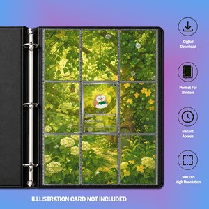 May include: A black three-ring binder containing nine transparent plastic pockets. The pockets display a continuous, vibrant green forest illustration featuring yellow flowers and a central trading card with Japanese text and a round creature.
