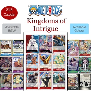 May include: A collection of 216 One Piece Kingdoms of Intrigue trading cards featuring various anime characters in colorful illustrations. The cards display numerical power stats, character names, and text. Available in black and white or color options.