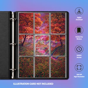 Puede incluir: Una carpeta negra de tres anillas con nueve fundas de plástico transparente para tarjetas coleccionables. Las fundas muestran una ilustración continua de un paisaje otoñal con árboles naranjas, un puente de piedra y casas, con una tarjeta insertada en el centro.