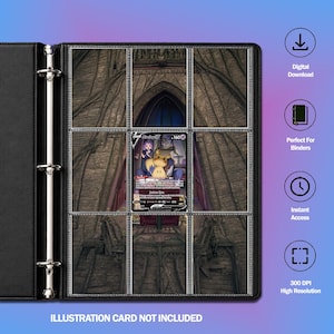 May include: A black three-ring binder with clear plastic pockets containing a central trading card featuring a character illustration. The right side displays icons for Digital Download, Perfect For Binders, Instant Access, and 300 DPI High Resolution.