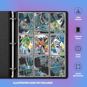 Peut inclure: Un classeur noir à trois anneaux contenant neuf inserts de cartes à collectionner avec un collage de paysages urbains et de personnages Pokémon comme Snivy, Tepig et Oshawott. Des icônes indiquent téléchargement numérique et haute résolution.
