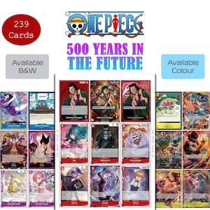 Puede incluir: Una colección de 239 cartas coleccionables de One Piece titulada 500 Years in the Future. La muestra presenta varias cartas de personajes con ilustraciones coloridas, texto y estadísticas numéricas. Se indican opciones en blanco y negro o a color.