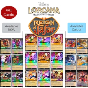 May include: A collection of Disney Lorcana Reign of Jafar trading cards featuring 441 cards available in black and white or color. The display shows multiple character cards with vibrant illustrations, text descriptions, and game statistics.
