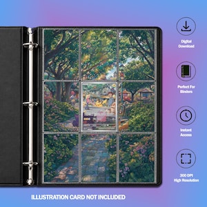 Peut inclure: Un classeur noir à trois anneaux avec des pochettes en plastique transparent contenant une image de parc et une carte à collectionner Pikachu au centre. À droite, des icônes et textes indiquent Digital Download, Binders, Instant Access et 300 DPI.