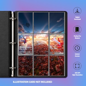 Può includere: Un raccoglitore nero a tre anelli con nove tasche in plastica trasparente contenenti un'illustrazione panoramica di una città al tramonto con carte Latios e Latias. Il testo a destra include Digital Download e 300 DPI.