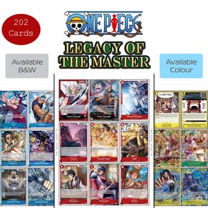 Może przedstawiać: Kolekcja 202 kart kolekcjonerskich One Piece Legacy of the Master wyświetlanych na arkuszach. Karty zawierają kolorowe ilustracje postaci z anime, statystyki mocy i tekst. Wyświetlacz zawiera etykiety Available B&W oraz Available Colour.