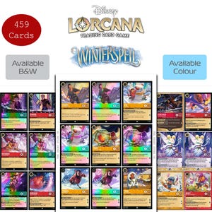 Puede incluir: Una colección de cartas coleccionables Disney Lorcana Winterspell con un total de 459 cartas. La imagen muestra varias cartas de personajes coloridas dispuestas en una cuadrícula, con etiquetas de texto que indican la disponibilidad en blanco y negro y a color.