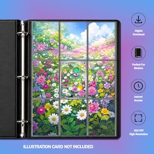 May include: A black three-ring binder page protector with nine clear pockets containing floral-themed art cards. The center card features a small green creature among colorful flowers. The text "ILLUSTRATION CARD NOT INCLUDED" is at the bottom.