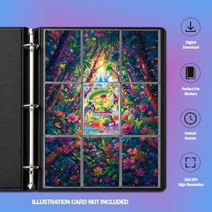 Könnte beinhalten: Ein schwarzer Ringordner mit drei Ringen und neun durchsichtigen Kunststofftaschen. Acht Taschen zeigen eine farbenfrohe Dschungelillustration mit Blumen und Blättern, während die mittlere Tasche eine Ludicolo-Sammelkarte enthält. Text: Digital Download, Perfect For Binders, Instant Access, 300 DPI High Resolution, ILLUSTRATION CARD NOT INCLUDED.
