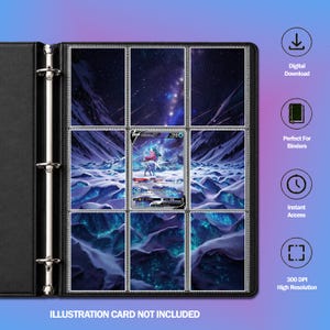 Può includere: Un raccoglitore nero a tre anelli con buste di plastica trasparente contenente una carta collezionabile Suicune V al centro di otto inserti con paesaggi scuri, stellati e innevati. Il testo a destra include Digital Download, Perfect For Binders, Instant Access e 300 DPI High Resolution.