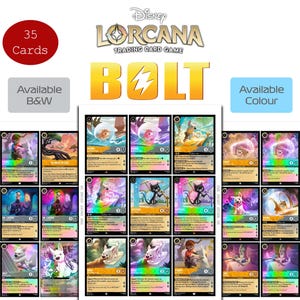 May include: A collection of 35 Disney Lorcana trading cards featuring the character Bolt. The display includes multiple sheets of cards in both black and white and full color, showcasing various illustrations of the white dog character and other figures.