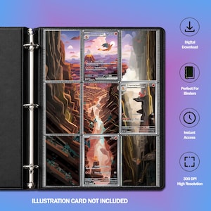 May include: A black three-ring binder containing nine trading card sleeves. The sleeves display a continuous landscape illustration featuring Charizard ex, Charmeleon, and Charmander cards. Text on the right includes Digital Download and 300 DPI.