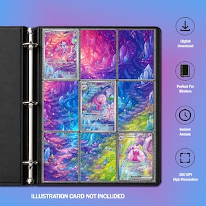 Peut inclure: Un classeur noir à trois anneaux contenant neuf emplacements pour cartes à collectionner. Les emplacements présentent des illustrations fantastiques colorées avec des créatures roses et des paysages cristallins. Le texte à droite indique Digital Download, Perfect For Binders, Instant Access et 300 DPI High Resolution.