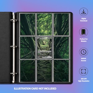 May include: A black three-ring binder with nine clear plastic pockets containing a forest-themed card insert. The right side features four circular icons with text: Digital Download, Perfect For Binders, Instant Access, and 300 DPI High Resolution.