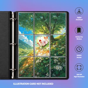 Peut inclure: Une page de classeur à trois anneaux avec neuf emplacements pour cartes. Huit emplacements présentent une illustration continue sur le thème de la nature avec des arbres et des fleurs blanches, tandis que l'emplacement central contient une carte Scorbunny.
