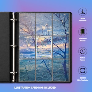 May include: A black three-ring binder with clear plastic pockets containing a Glaceon VSTAR trading card. The pockets display a winter landscape with bare trees and snow. Text on the right includes Digital Download, Perfect For Binders, Instant Access, and 300 DPI High Resolution. The text Illustration Card Not Included appears at the bottom.