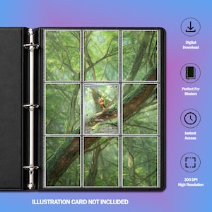 Peut inclure: Un classeur noir à trois anneaux avec neuf pochettes en plastique transparent contenant un insert de fond sur le thème de la forêt et une carte à collectionner Chespin au centre. Le côté droit présente des icônes pour Digital Download, Perfect For Binders, Instant Access et 300 DPI High Resolution. Le texte en bas indique ILLUSTRATION CARD NOT INCLUDED.