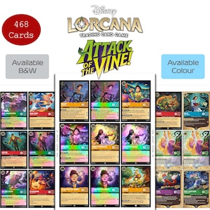 Puede incluir: Una colección de cartas coleccionables Disney Lorcana titulada Attack of the Vine, que incluye 468 cartas disponibles en blanco y negro o a color. La muestra presenta varias cartas de personajes con ilustraciones, texto y estadísticas de juego.