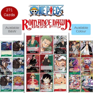 Può includere: Una collezione di 271 carte collezionabili One Piece Romance Dawn con vari personaggi anime come Monkey D. Luffy, Roronoa Zoro e Trafalgar Law. Le carte sono disposte in una griglia con colori vivaci e illustrazioni dettagliate dei personaggi.