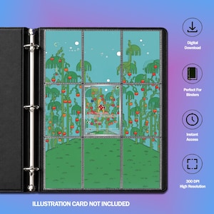 May include: A black three-ring binder with nine clear plastic pockets containing a continuous illustration of green vines with red berries against a light blue sky, featuring a Shuckle trading card in the centre pocket and text below.