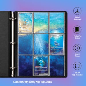 Pode incluir: Um fichário preto de três argolas com bolsos de plástico transparente contendo cartas colecionáveis de Squirtle, Wartortle e Blastoise. Os bolsos exibem fundos com tema oceânico. O texto à direita inclui Digital Download, Perfect For Binders, Instant Access, 300 DPI High Resolution e Illustration Card Not Included.